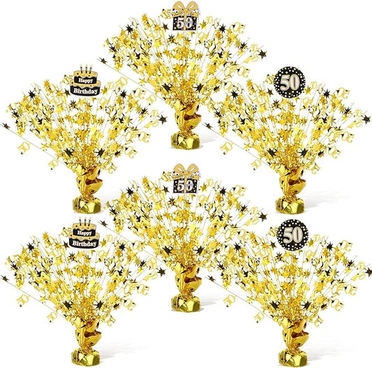 Soaoo 6 Pcs 50th Birthday Spray Centerpiece Gold Metallic Glitter Foil for Party Table Centerpiece with Different Cards N'burst for 50th Birthday Party Decoration