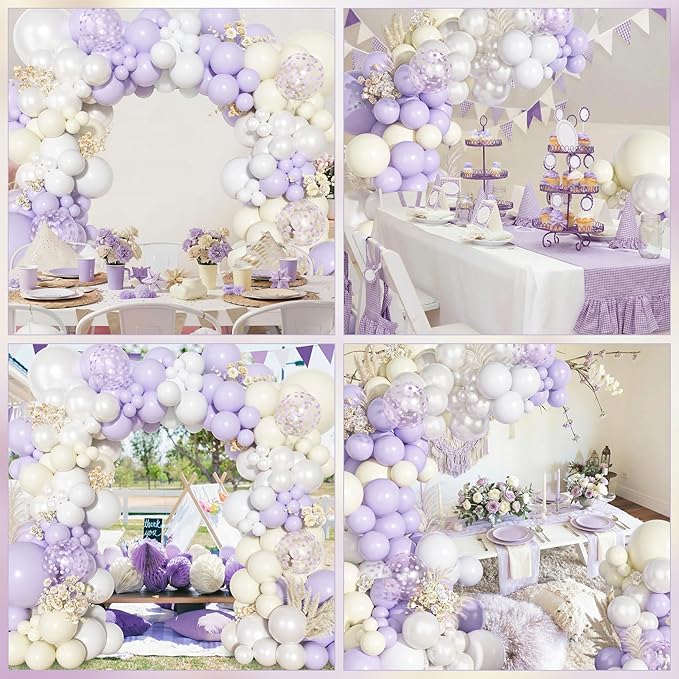 Ouddy Party Pastel Purple White Balloons Garland Arch Kit, Different Sizes 18 12 10 5 Inch Lavender Lilac Pearl White Ivory Latex Confetti Balloon for Wedding Bridal Shower Birthday Party Decorations