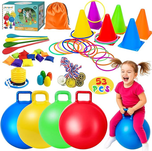 JOY SPOT! Carnival Outdoor Games Combo Set for Kids, 18 Inch Hopper Balls with Handles, Ring Toss, Bean Bags, Egg Spoon Relay Race, Fun for Backyard, Field Day, School, Birthday Parties, Family Events