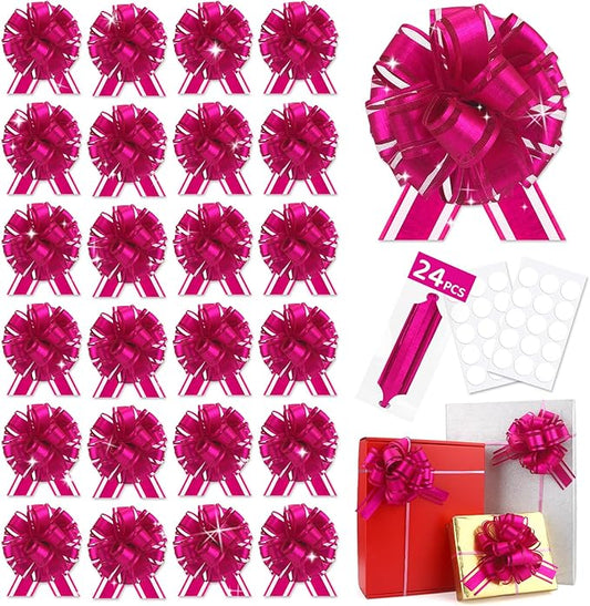 24 pcs Rose Pink Pull Bow for Gift Basket Wrapping Xmas Gift Bows Presents Wrap Ribbon Bow for Christmas Tree Bottles Bouquet Flower Valentine's Day Party Decor (Rose Pink-G)
