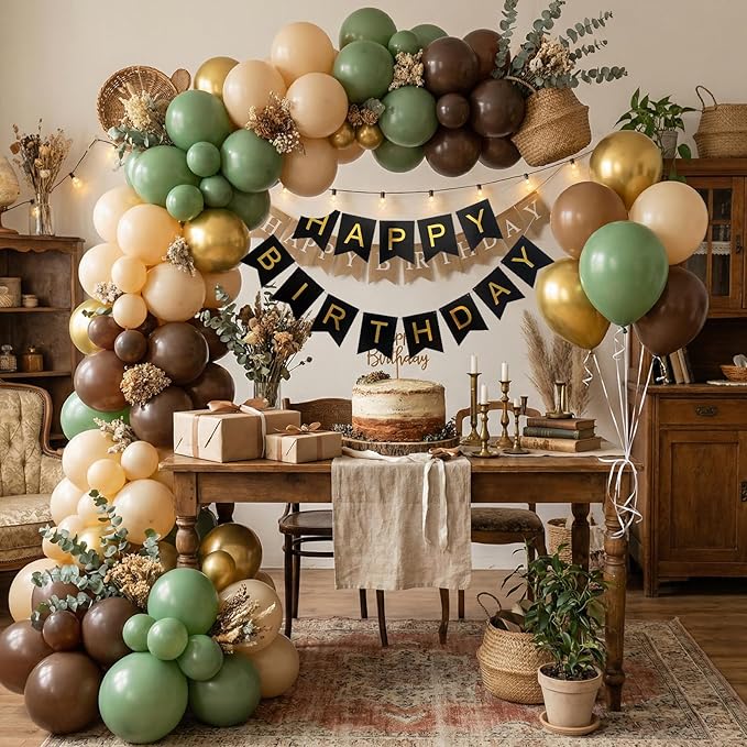RUBFAC Sage Green and Brown Balloons, 65pcs Olive Green Dark Brown Coffee Nude Gold Metallic Party Balloons for Camo Army Hunting Birthday Jungle Safari Woodland Floral
