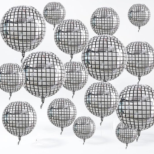 TONIFUL 16Pcs Large Disco 4D Giant Round Foil Balloon 4D Mirror Metallic Mylar Sephere Balloons for Christmas New Year Birthday Ball Party Graduation Wedding Disco Decoration Supplies(Mix Sizes)