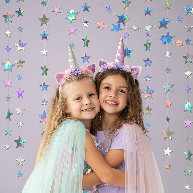 Cheerland 156ft Iridescent Star Garlands Space Party Decorations Hanging Stars Decoration Holographic Streamer Banner Backdrop Graduation Disco Galaxy Moon Euphoria Birthday Party Garland Star Decor