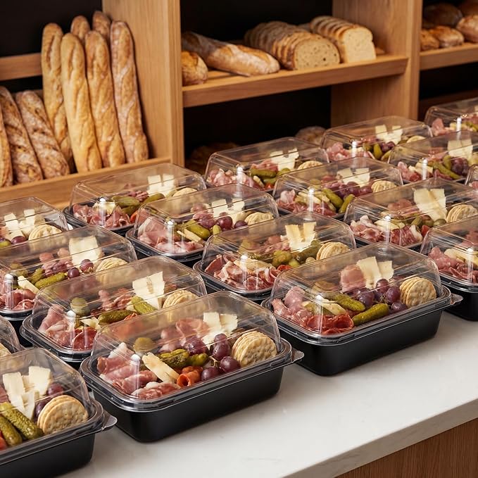 Shellwei 50 Pack 7.5 x 3.4 Inch Catering Trays with Lid, Plastic Serving Tray Bakery Dessert Cookies Candy Containers with Clear Lid, Perfect for Wedding, Party & Small Business