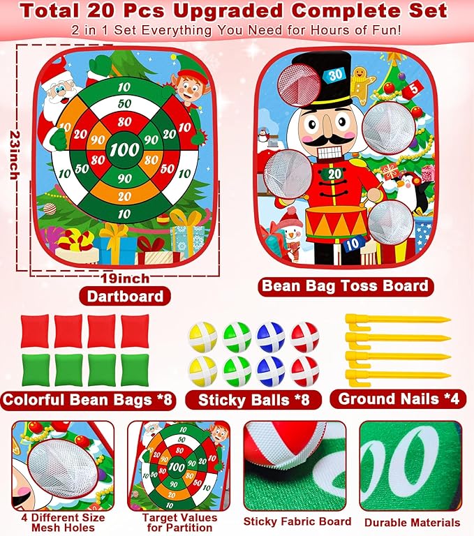 2 In 1 Christmas Party Games for Kids Adults, 20 Pcs Double Sided Foldable Board with Bean Bags Sticky Balls Toss and Dart Game Christmas Theme Gift for Family Xmas Party Favor Carnival Indoor Outdoor