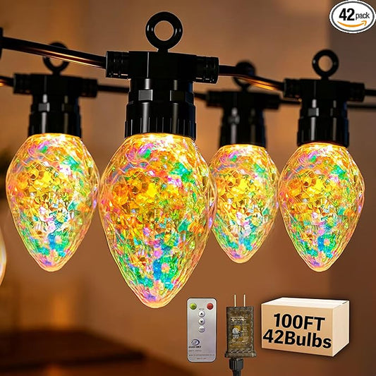 Outdoor String Lights, 100FT 42 LED Iridescent Holographic Bulbs, Waterproof Patio Lights with Remote Control, Shatterproof Connectable Lights for Backyard, Porch, Garden, and Party
