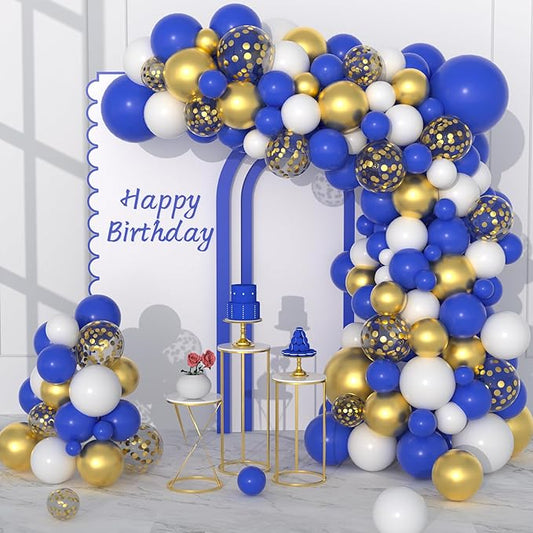 Royal Blue White Gold Balloon Arch Kit, 122PCS Dark Blue White Metallic Gold Confetti Balloons for Women Men Birthday Space Video Game Retirement Wedding Graduation Father Day Beer Party Decorations