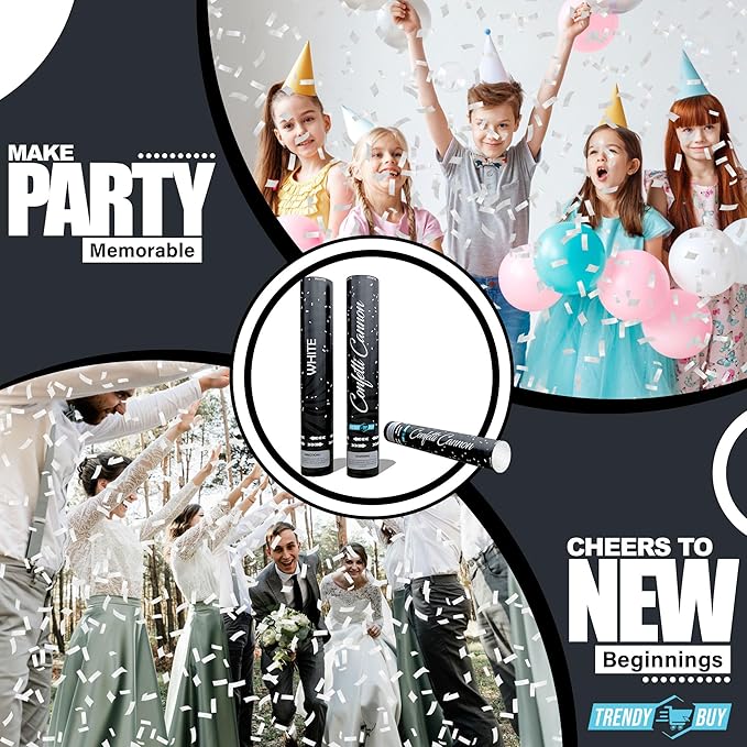 12" White Confetti Poppers (6-Pack) | Biodegradable Rice Paper Confetti Cannon for Weddings, Birthdays, Anniversaries, and New Year's | Shoots 25ft | Eco-Friendly Party Confetti Shooter