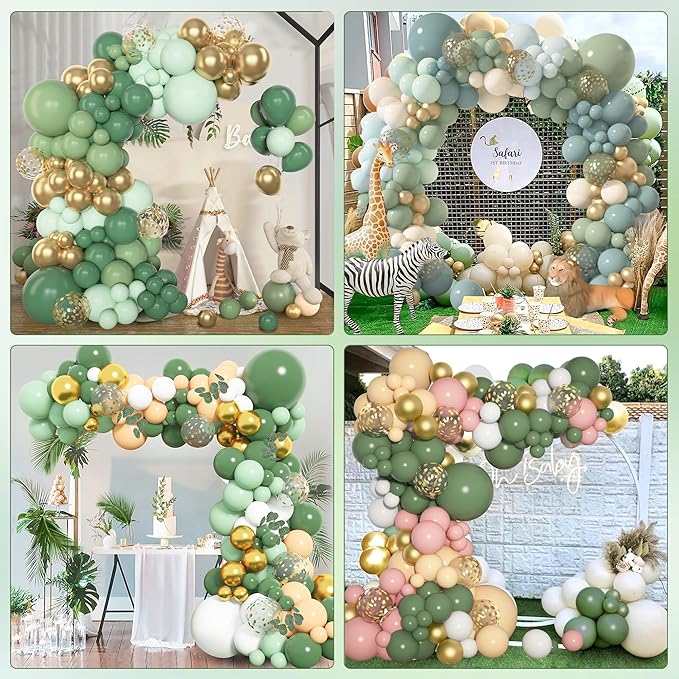 Amandir 153pcs Sage Green Gold Balloon Garland Arch Kit, Different Sizes 18 12 10 5 inch Green White Latex Metallic Confetti Balloons for Birthday Bridal Shower Wedding Bachelorette Decorations