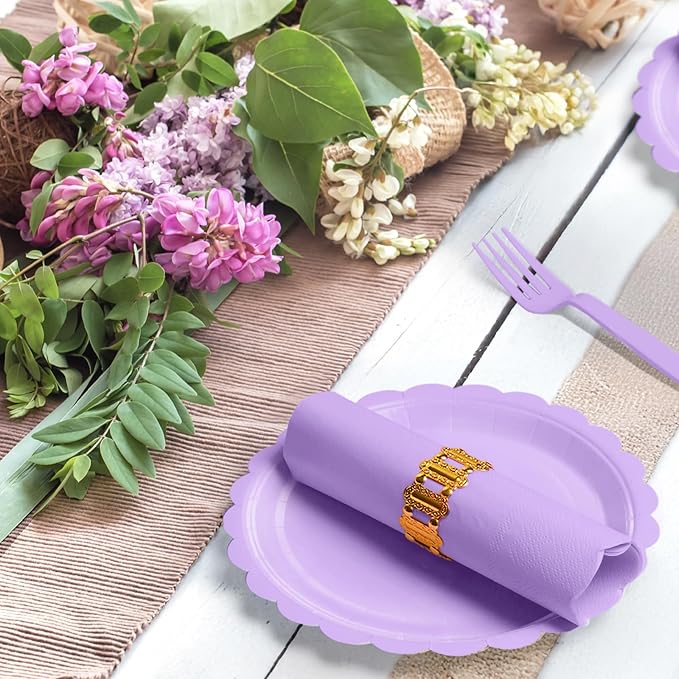 105PCS Paper Plates and Napkins Set, 7 Inch Scalloped Disposable Tableware with Forks for Birthdays, Garden Parties & Outdoor Events, Serves 35 (Light Purple)