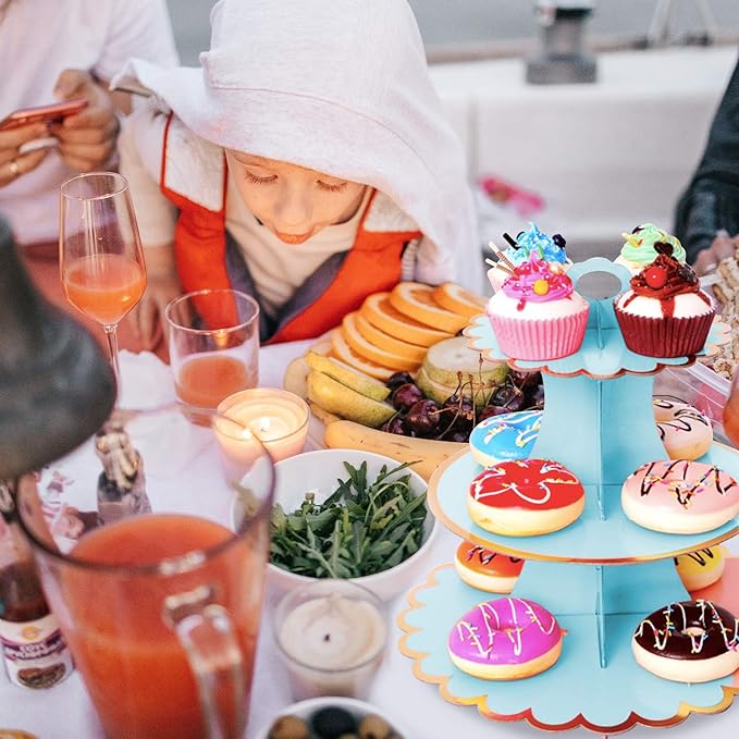 Rocutus Cupcake Stand,3 Set of 3-Tier Dessert Plates Mini Cakes Fruit Candy Display Tower Cookie Tray Rack Candy Buffet Holder Cake Stand Cardboard Cupcake Stand Tiered Serving Stand (Blue)