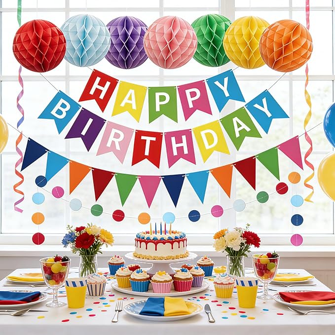 Happy Birthday Banner, Rainbow Birthday Banner with Triangle Bunting, Honeycomb Balls and Circle Dot Garland, Birthday Decorations for Women Men Boys Girls