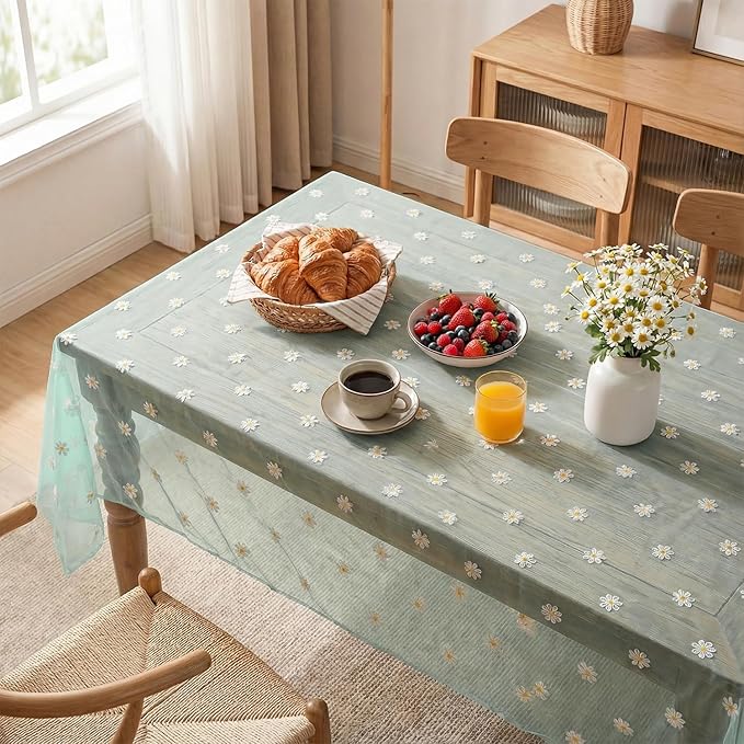 Horaldaily Green Embroidery Daisy Spring Summer Gauze Tablecloth 60×120 Inch Rectangular, Seasonal Tulle Table Cover, Garden Party Decorations for Wedding, Party, Holiday Dining