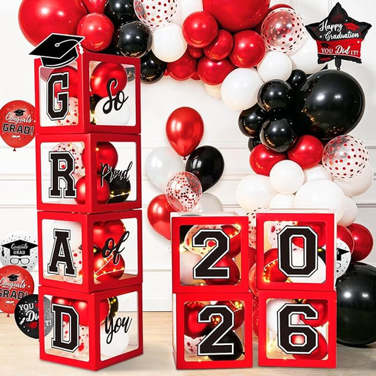 Graduation Decorations Class of 2026, Red and Black Graduation Decorations, Balloons Boxes (4PCS) with Letters 2026 GRAD So Proud of You, Congrats Grad Decorations for High School & College