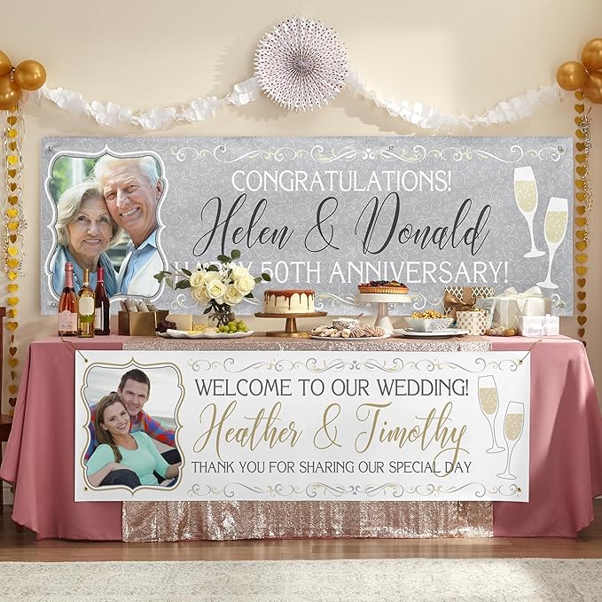 Let's Make Memories Personalized Photo Banner - Party Decorations - Wedding, Anniversary, Engagement - Customized Banner - Celebration - Any Text - Indoor/Outdoor Vinyl - Gray - 8 ft