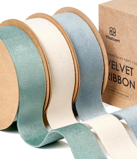 Vitalizart Velvet Ribbon Set 1 Inch Double Faced for Christmas Ornaments Gift Wrapping 15 Yards Wreath Decoration Bows Making Crafts Dusty Blue Green & Ivory