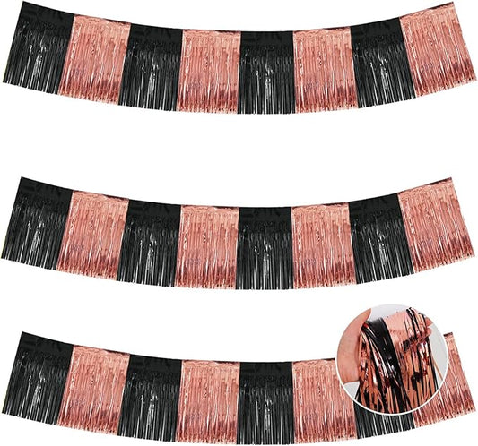 BEISHIDA 3 Packs Metallic Foil Fringe Garland Black Rose Wall Hanging Tinsel Fringe Banners for Car Floats Bridal Shower Wedding Birthday Graduation Holiday Party Decoration(30 Feet)