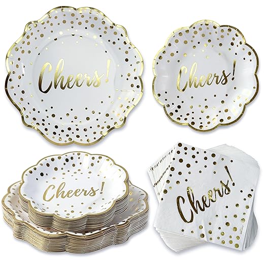 Kate Aspen 72pc Gold Foil Cheers & Dots Tableware Set Party Kit - 24pcs 7 inch & 9 inch Heavy Duty Disposable Party Plates, 24pcs 6.5 inch Durable Paper Napkins