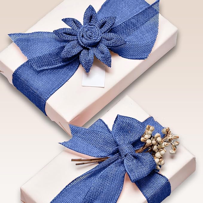 Navy Blue Burlap Ribbon 1/2 inch X 10 Yard Natural Navy Blue Woven Ribbon DIY Handmade Solid Wired Edging Production Wreath Holiday Decoration Gift Ribbon for Gift Wrapping Navy Blue Ribbon
