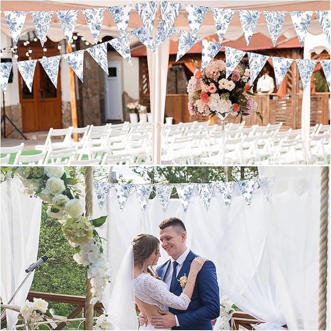 5 Pieces Blue White Vintage Floral Paper Pennant Garland Wedding Garland Triangle Banner for Wedding Bridal Shower Outdoor Decoration