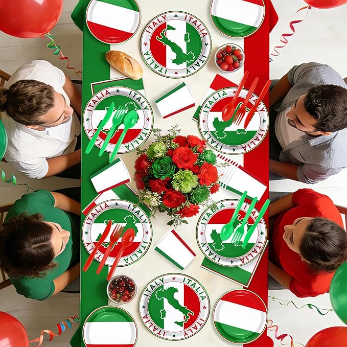 170Pcs Italian Flag Birthday Party Supplies Italy Flag Plates and Napkins Cups Forks Tablecloth Red White Green Tableware Set for Pizza Holiday Family Gathering Dinner Party Decorations Serves 24 ﻿