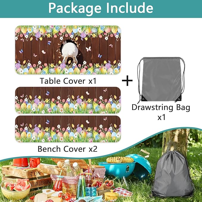 Easter Picnic Table Cover with Bench Covers Elastic Edges, Cute Bunny Flower Brown Wood Fitted Table Cover, Outdoor Patio Camping Essentials, Waterproof Camping Fitted Tablecloth, 3PCS, 30x60 Inch