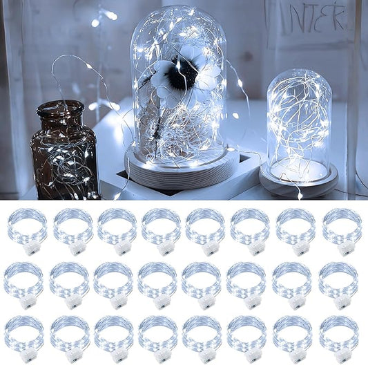 pozzolanas 24 Pack WhiteFairy Lights Battery Operated 3 Modes 7FT 20 LED Waterproof String Lights Twinkle Silver Wire for Mason Jars Wedding Christmas Halloween Party Decor(White, 24 Pack)