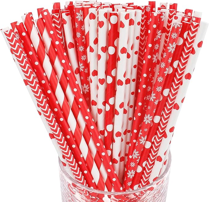 100 Pack Valentines Day Paper Straws,Valentines Party Supplies Red Disposable Drinking Straws for Anniversary Holiday Celebrations,Bridal Shower,Wedding Birthday Party