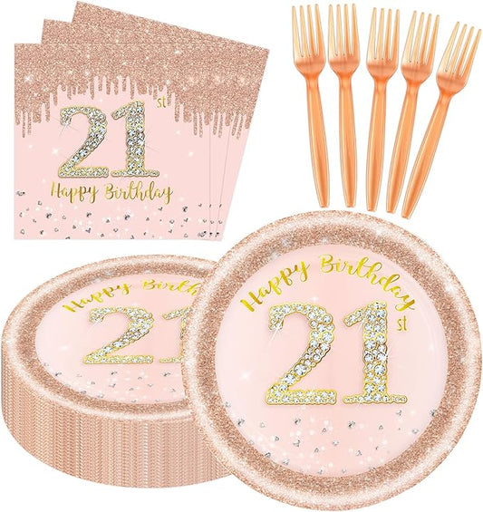 60 PCS 21st Birthday Decorations for Women, 21st Birthday Plates and Napkins Rose Gold Disposable Tableware Set Party Supplies for Women Girl Cheers to 21 Years Anniversary (21ST)