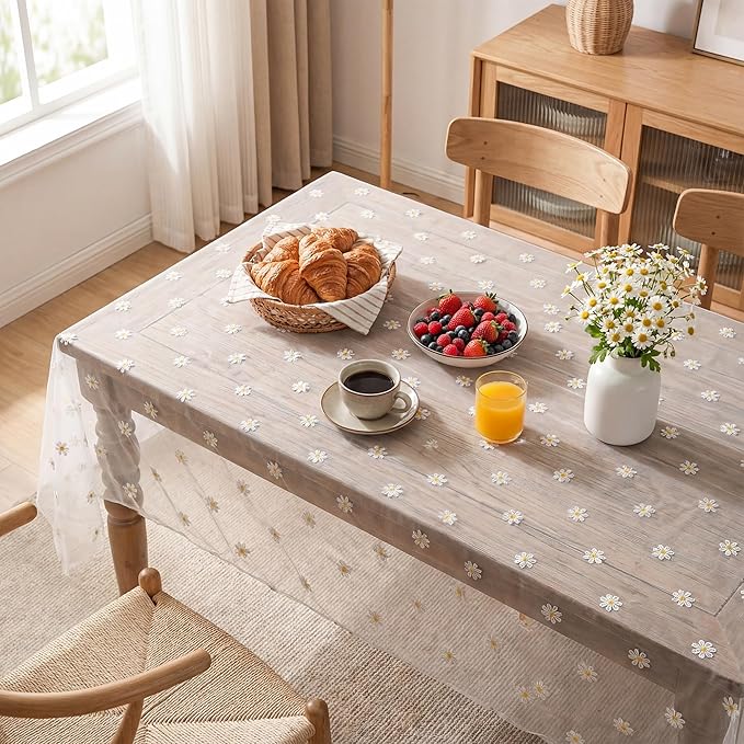 Horaldaily White Embroidery Daisy Spring Summer Gauze Tablecloth 60×84 Inch Rectangular, Seasonal Tulle Table Cover, Garden Party Decorations for Wedding, Party, Holiday Dining