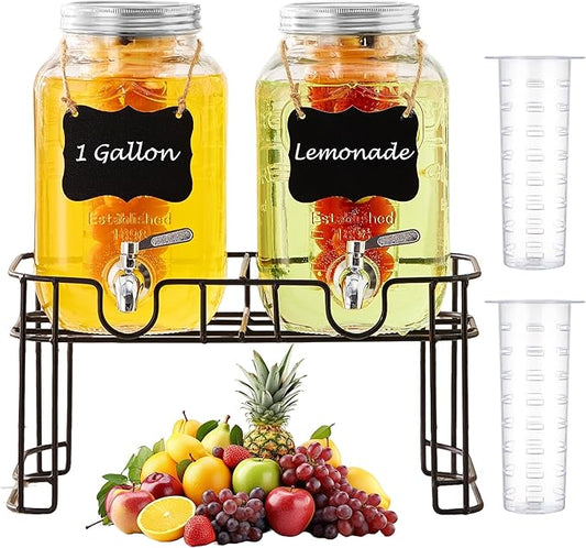 1 Gallon Glass Beverage Dispenser -Set of 2, Drink Dispenser with Stand & Fruit Infuser, Stainless Steel Spigot - Glass Drink Dispensers for Parties, Drink Dispensers with Lids for Lemonade Sun Tea