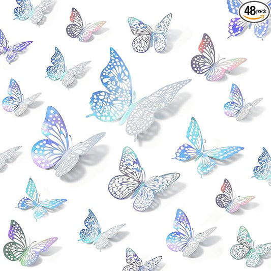 BTSD-home 48 Pcs Iridescent 3D Butterfly Wall Decor Iridescent Party Decorations for Bedroom Nursery Removable Holographic Butterfly Wall Stickers for Birthday Wedding Gift Box Cake