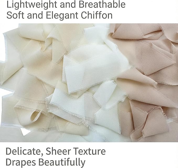 Frayed Edge Chiffon Ribbon Set, 3 Pack 1.5 Inch Wide Polyester Chiffon Ribbon, 21 Yards Total in Khaki, Beige and Champagne for Wedding Decor, Floral Bouquets and Gift Wrapping