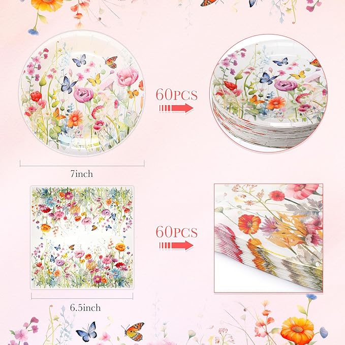 Zhehao 120 Pcs Wildflower Dessert Plates Flower 7 Inch Disposable Paper Plates and Napkins Bulk Floral Birthday Party Decorations Wedding Party Supplies