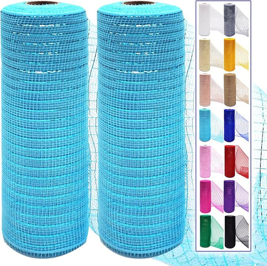 2 Pcs Blue Deco Mesh Ribbon Rolls 10 Inch 10 Yards(30 ft) Decorative Mesh Fabric with Foil for Wreaths Christmas Tree Ribbon Door DIY Craft Halloween Decor Wedding Party Supplies (Sky Blue, 2Pcs)