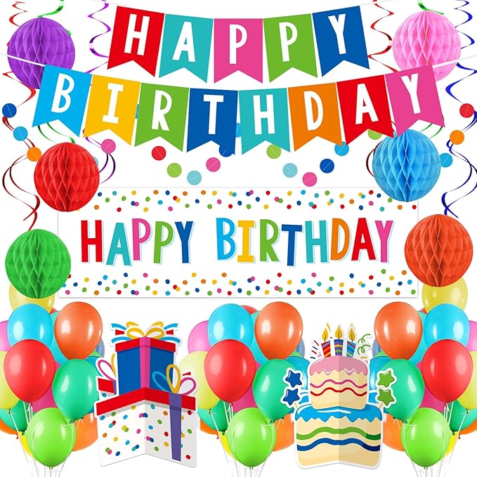Happy Birthday Decorations Kit: Happy Birthday Banner,Birthday Dots Design Plastic Backdrop, Circle Confetti Garland, Swirl Streamers, Honeycomb Balls & Party Balloons - Table Centerpiece Set