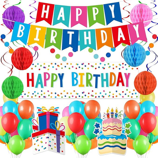 Happy Birthday Decorations Kit: Happy Birthday Banner,Birthday Dots Design Plastic Backdrop, Circle Confetti Garland, Swirl Streamers, Honeycomb Balls & Party Balloons - Table Centerpiece Set