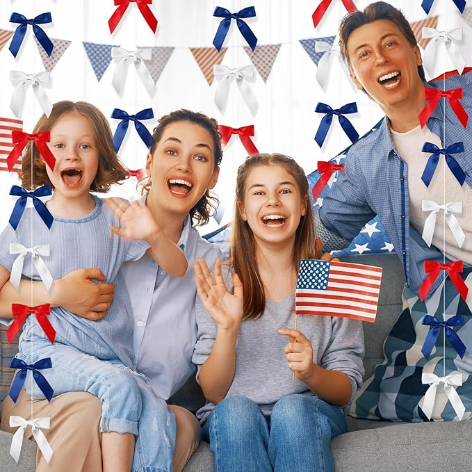 Taobary 8 Pcs 6.6 ft Bow Garland, Satin Ribbon Bow Banner Coquette Hanging Ornament for Photo Backdrop Birthday Party Wedding Bridal Baby Shower Wall Decorations(Red, Blue and White,1 Inch)