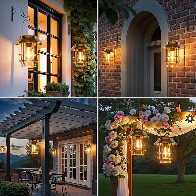 Ahaorigin Solar Lanterns Outdoor Waterproof, High Brightness Hanging Solar Lights for Outside with Wall Hooks, Retro Metal Outdoor Lanterns Auto On/Off for Porch, Patio, Yard Decor 4 Pack