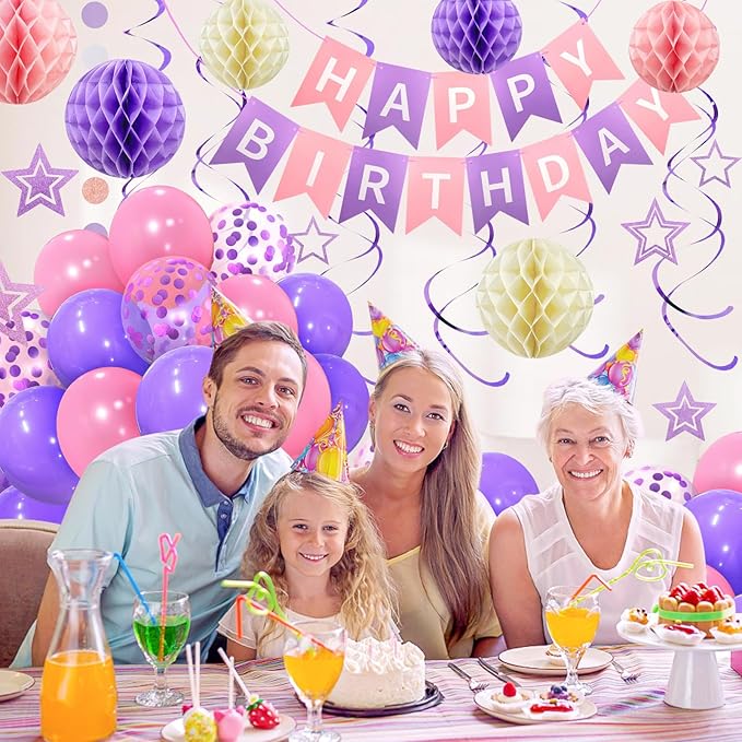 ZERODECO Birthday Decorations, Easy to Assemble Purple Happy Birthday Banner with Honeycomb Ball, Balloon, Hanging Swirl Streamer, Garland, Happy Birthday Party Decorations for Women Girls Kids