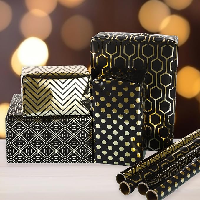 Birthday Wrapping Paper Metallic Black and Gold Geometric Wrapping Paper Gift Wrap for Father's Day Men Husband Boyfriend Mini Roll, 4 Rolls Geometry Pattern - 17 inch x 120 inch(10feet) Per Roll