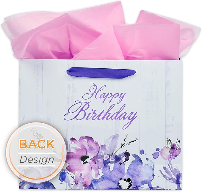 Christian Art Gifts Three Piece Landscape Gift Bag w/Card & Tissue Paper Set for Women: Happy Birthday - White & Purple Blooming Spring & Summer Floral for Moms, Grandmas, Sisters, Girlfriends, Large