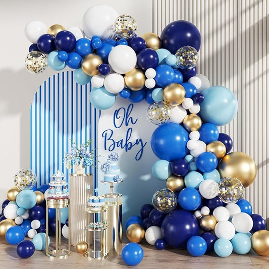 MEBAY Navy Blue White Gold Balloon Garland Arch Kit, 147PCS Royal Dark Pastel Blue White Gold Balloons with Confetti for Birthday Party Baby Shower Wedding Graduation Decorations