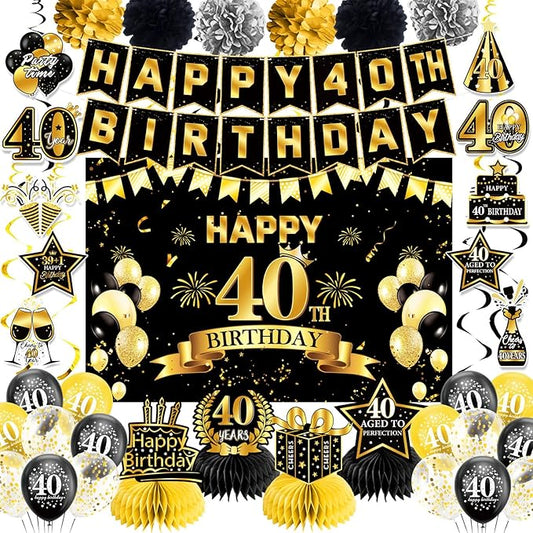 40th Birthday Decorations, Pre-Strung Happy Birthday Banner with Balloons, Backdrop, Honeycomb Centerpieces, Hanging Swirl Streamers, Black Gold Happy Birthday Party Decorations for Men Women