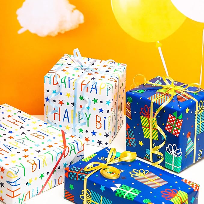 MAYPLUSS Blue Birthday Wrapping Paper Roll - 17 X 120 Inch - Colorful Happy Lettering, Cake, Gift Box Pattern for Kid Boys Party, Baby Shower, Holiday