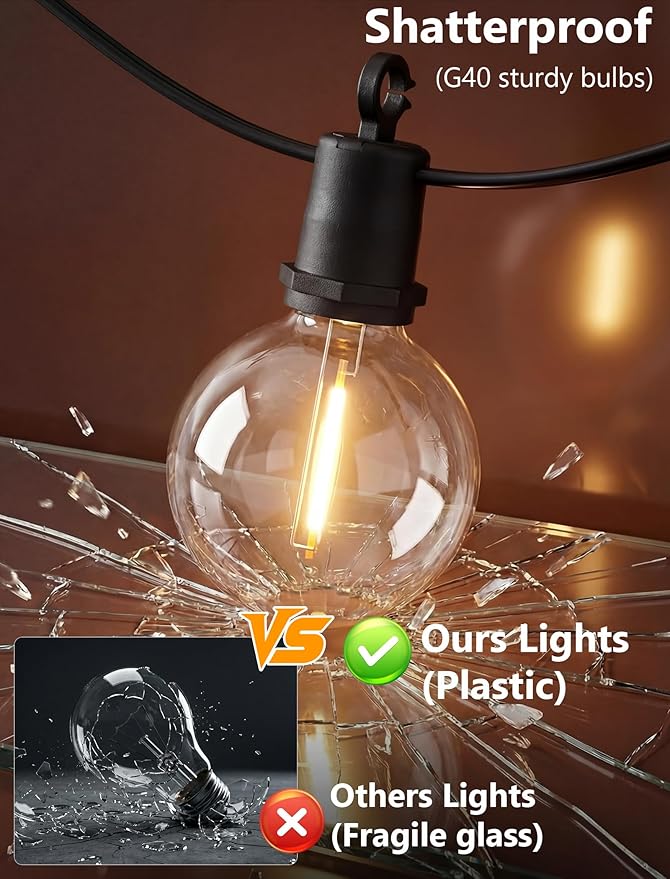 100FT LED Outdoor String Lights, 52 G40 Bulbs Shatterproof Patio Lights, IP44 Waterproof Hanging Patio Lights, Connectable Warm White Outdoor Lights for Outside Backyard Balcony Porch Home Decor