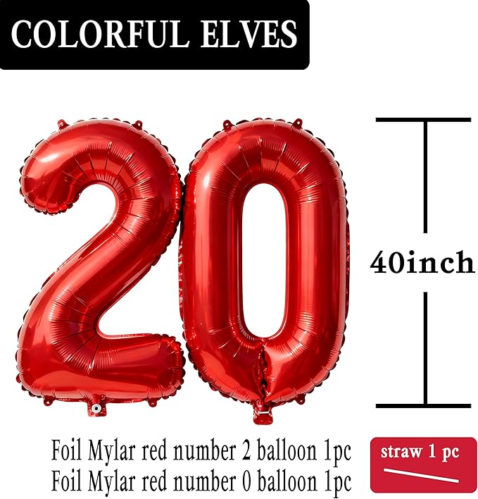 Red Number 20 Balloons 40 Inch Giant Number Red Number 20 Foil Mylar Balloons for 20th Birthday Anniversary Events Party Decorations