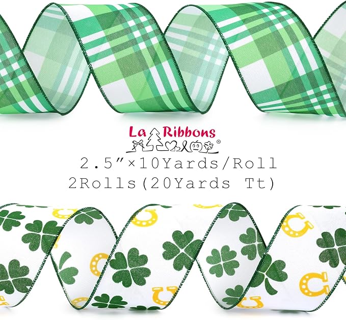 LaRibbons St Patricks Day Ribbon Wired 2 Rolls 2.5 Inch x 20 Yards Tt, Glitter Shamrock Green and White Plaid Ribbon for Crafts Supplies Wreath Bow Making DIY