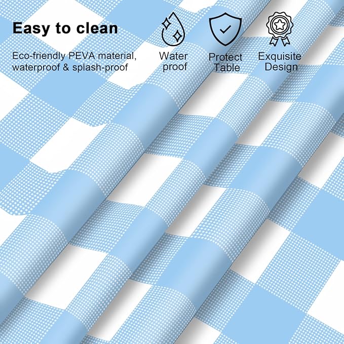 12 Pcs Light Blue Checkered Tablecloth 54 ×108 Inches Rectangle Blue Gingham Tablecloth Disposable Plastic Waterproof Table Cover for Outdoor Picnic, Kitchen, Holiday Birthday Party