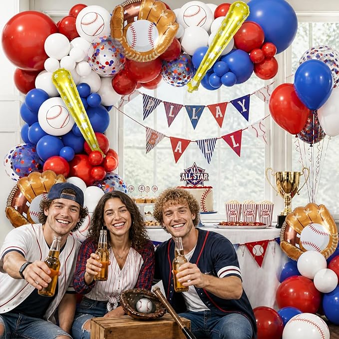 AobkDeco Baseball Balloon Garland Arch Kit Baseball Party Decorations with 143pcs Red White Blue Confetti Latex Balloons Baseball Foil Balloons for Baseball Theme Birthday Party Supplies Baby Shower